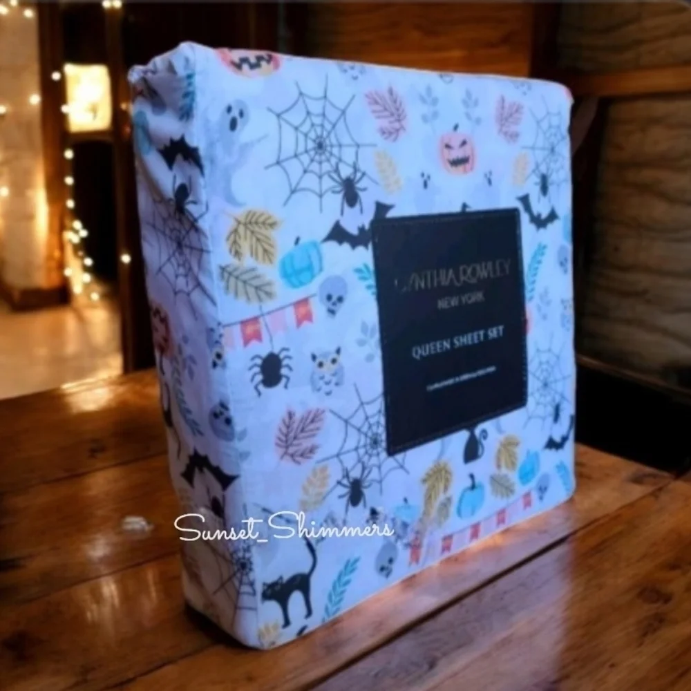 4pc CYNTHIA ROWLEY Pastel Halloween QUEEN Sheet Set Pumpkin Owl Cat Skull Ghost